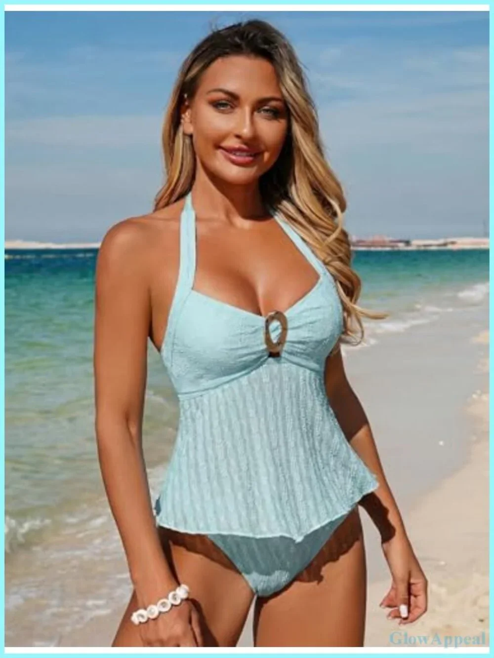 Halter Tankini Tummy Control Swimsuits O-Ring Textured Mesh